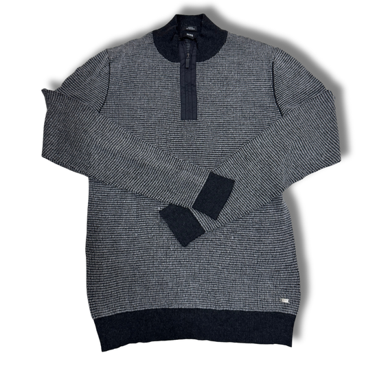 Boss Grey Gingham Slim Fit Cotton Wool Quarter Zip Sweater - XS