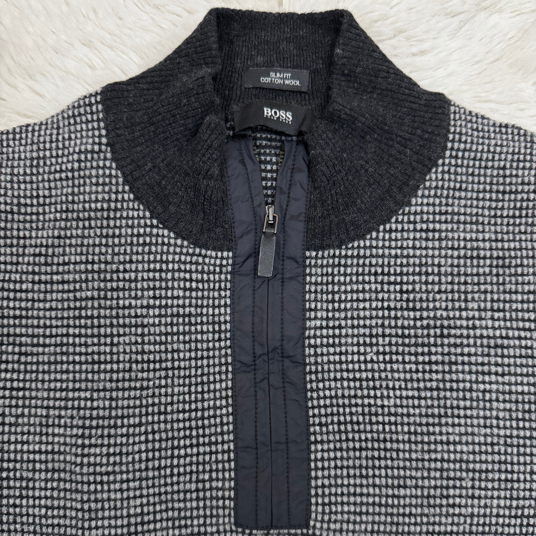 Boss Grey Gingham Slim Fit Cotton Wool Quarter Zip Sweater - XS