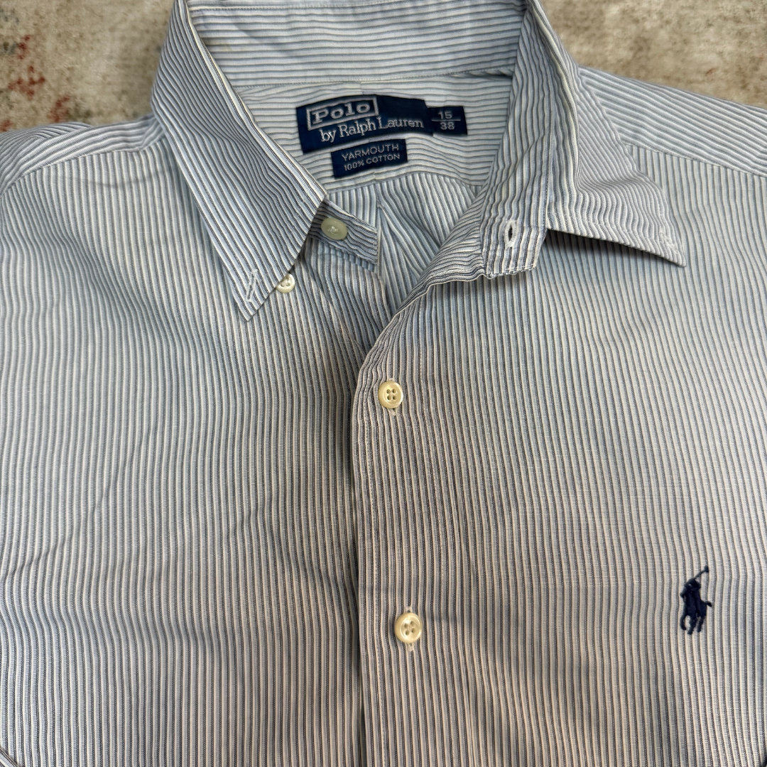 Ralph Lauren Blue White Striped Shirt Yarmouth 100% Cotton - L